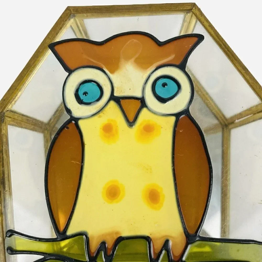 Vintage 1970s Interpur Owl Stained Glass Jewelry Trinket Box Mirrored MCM Taiwan
